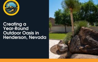 Landscaped backyard with desert plants, large rocks, and a tidy lawn, featuring Sun Valley Landscaping in Henderson, Nevada.