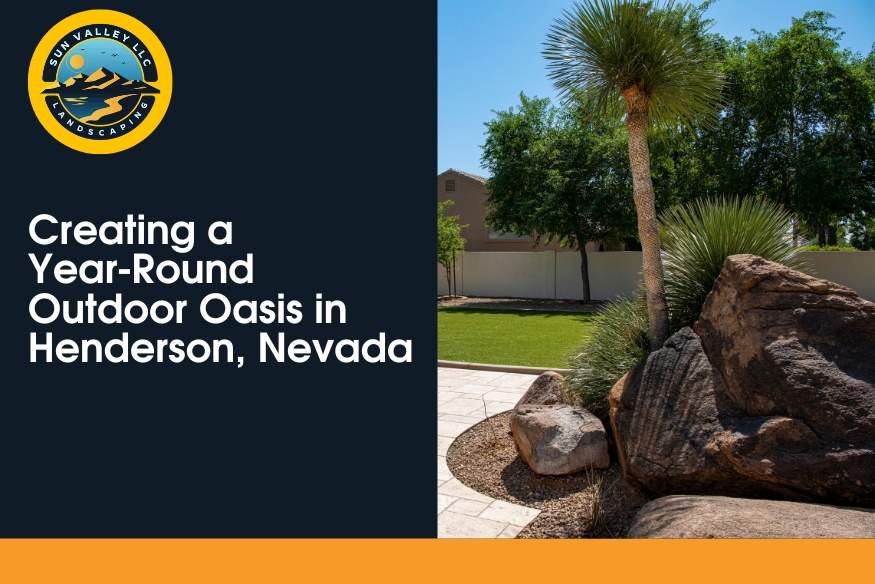 Landscaped backyard with desert plants, large rocks, and a tidy lawn, featuring Sun Valley Landscaping in Henderson, Nevada.