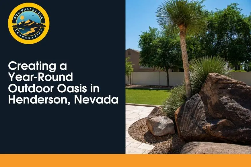 Landscaped backyard with desert plants, large rocks, and a tidy lawn, featuring Sun Valley Landscaping in Henderson, Nevada.