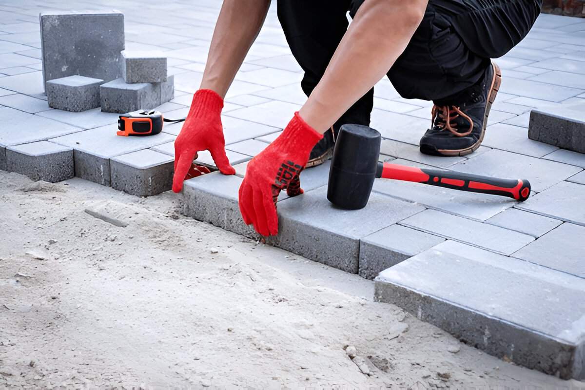 Worker installs gray paver blocks for patio in Las Vegas, representing Sun Valley Landscaping company expertise.