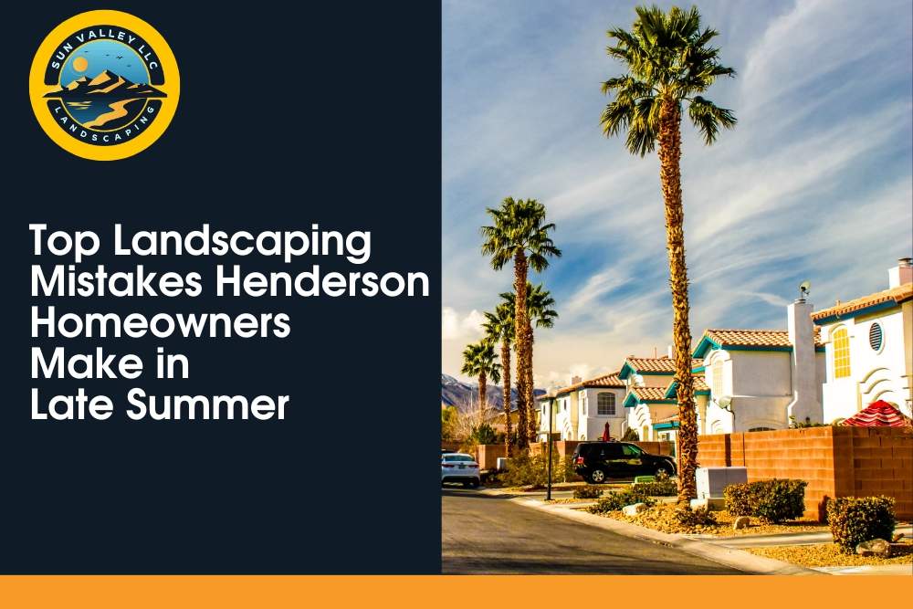 Sun Valley Landscaping logo with a Henderson neighborhood street lined with palm trees and well-maintained homes under a partly cloudy sky in Las Vegas.