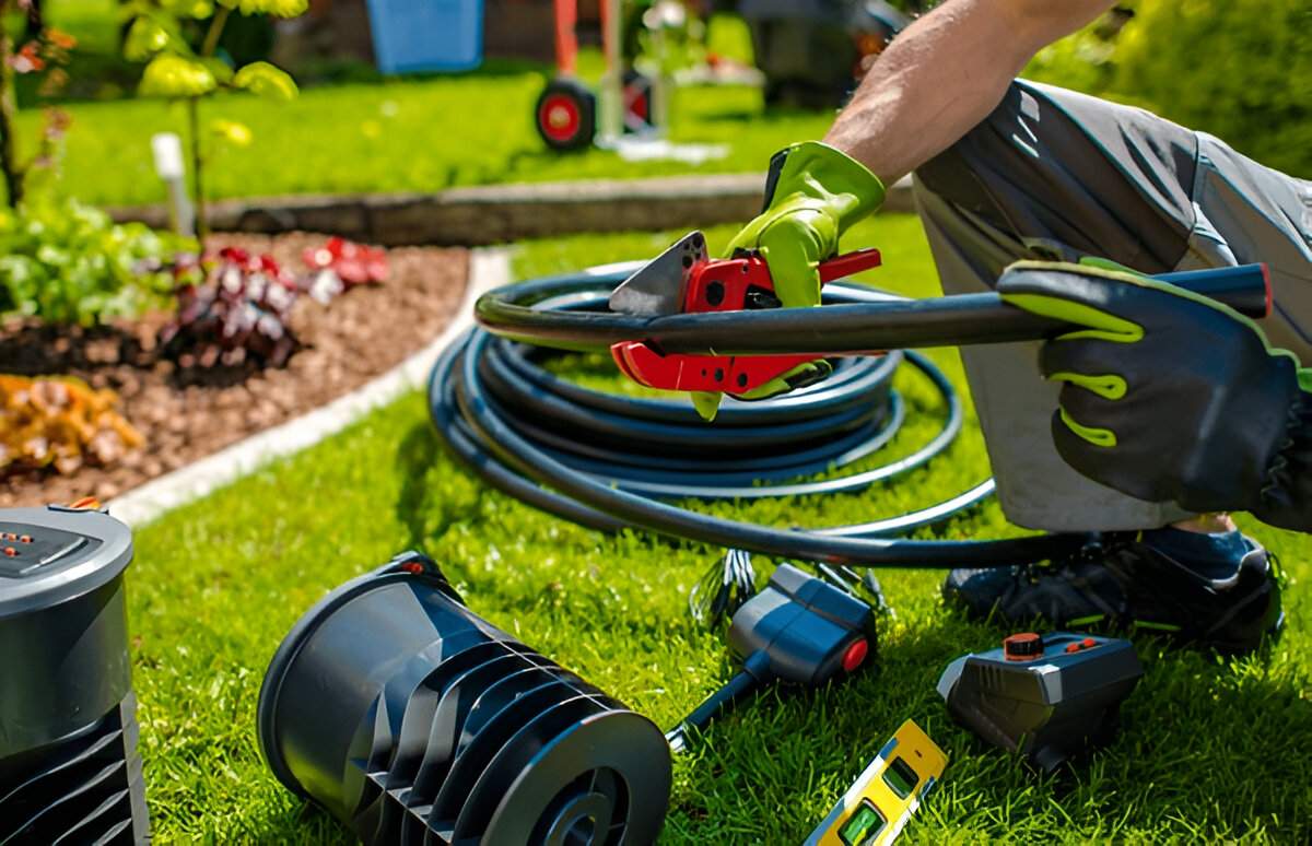 Gardener wearing green gloves prepares a drip irrigation system with black hose and control equipment on a lush green lawn in Las Vegas.