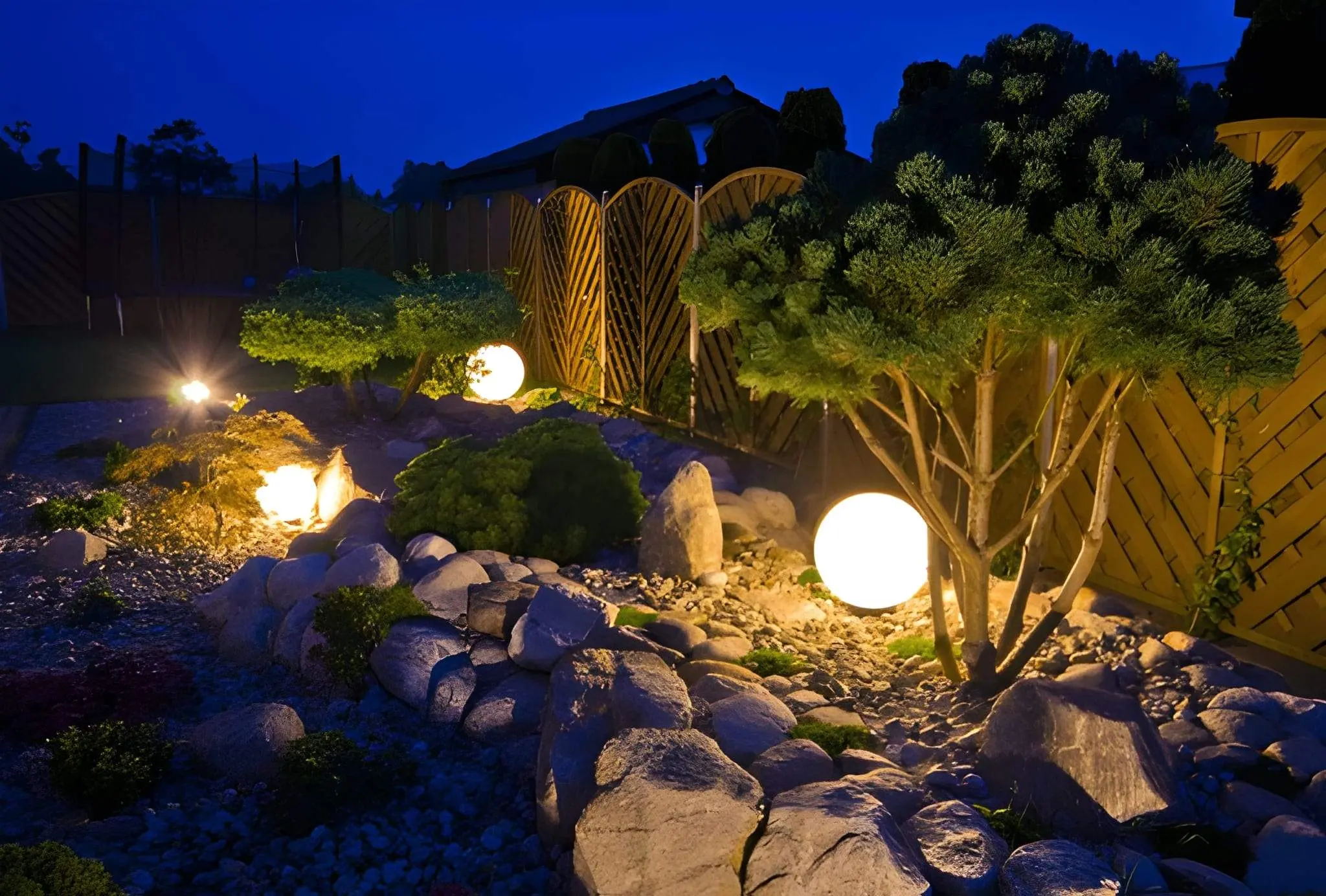 Fall Landscape Lighting Ideas That Add Safety and Style to Your Las Vegas Home3 Modern Las Vegas landscape lighting with glowing path lights highlighting trees and rocks.