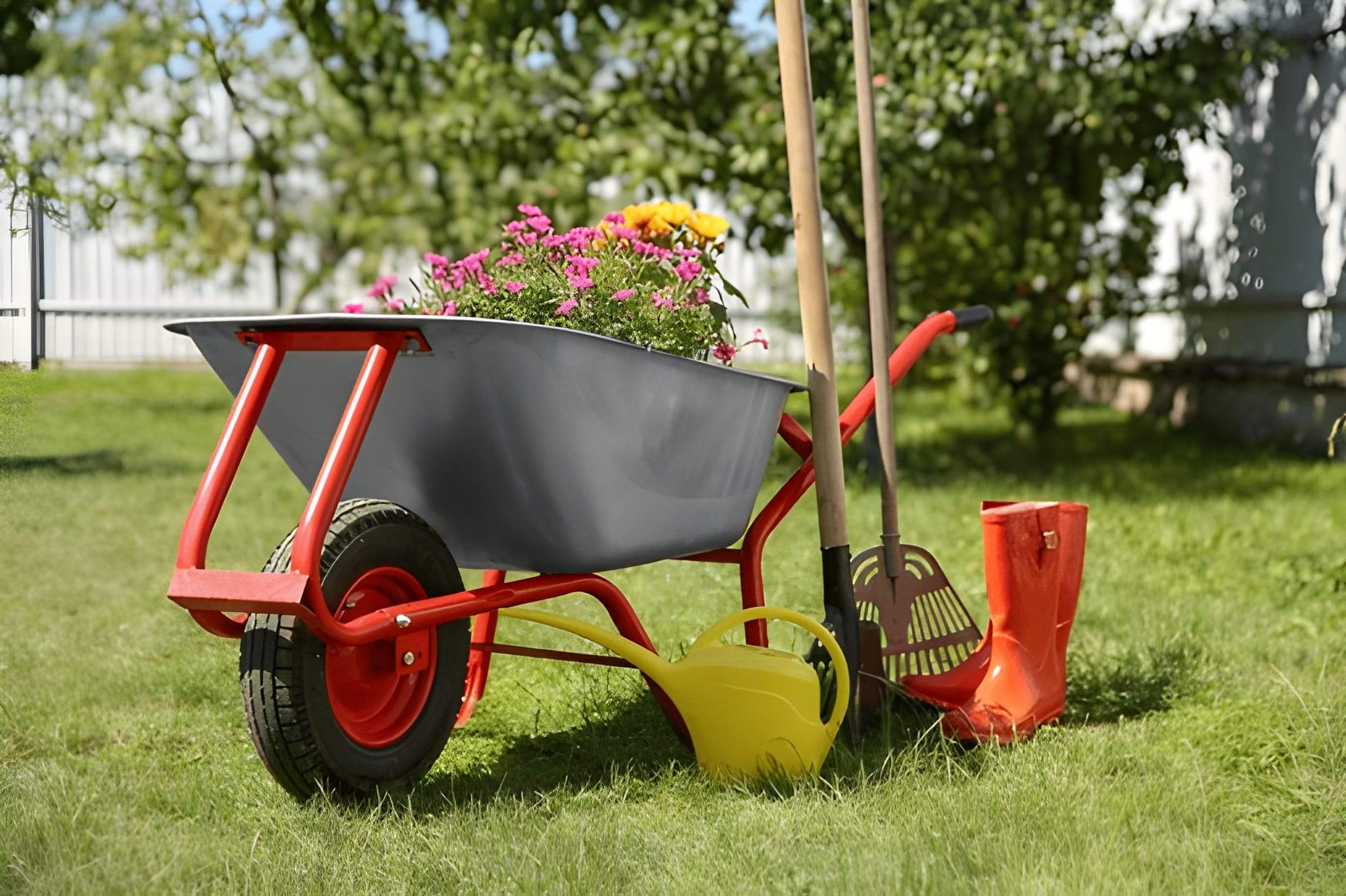 Wheelbarrow, rake, and boots ready for holiday yard cleanup in Henderson backyard.