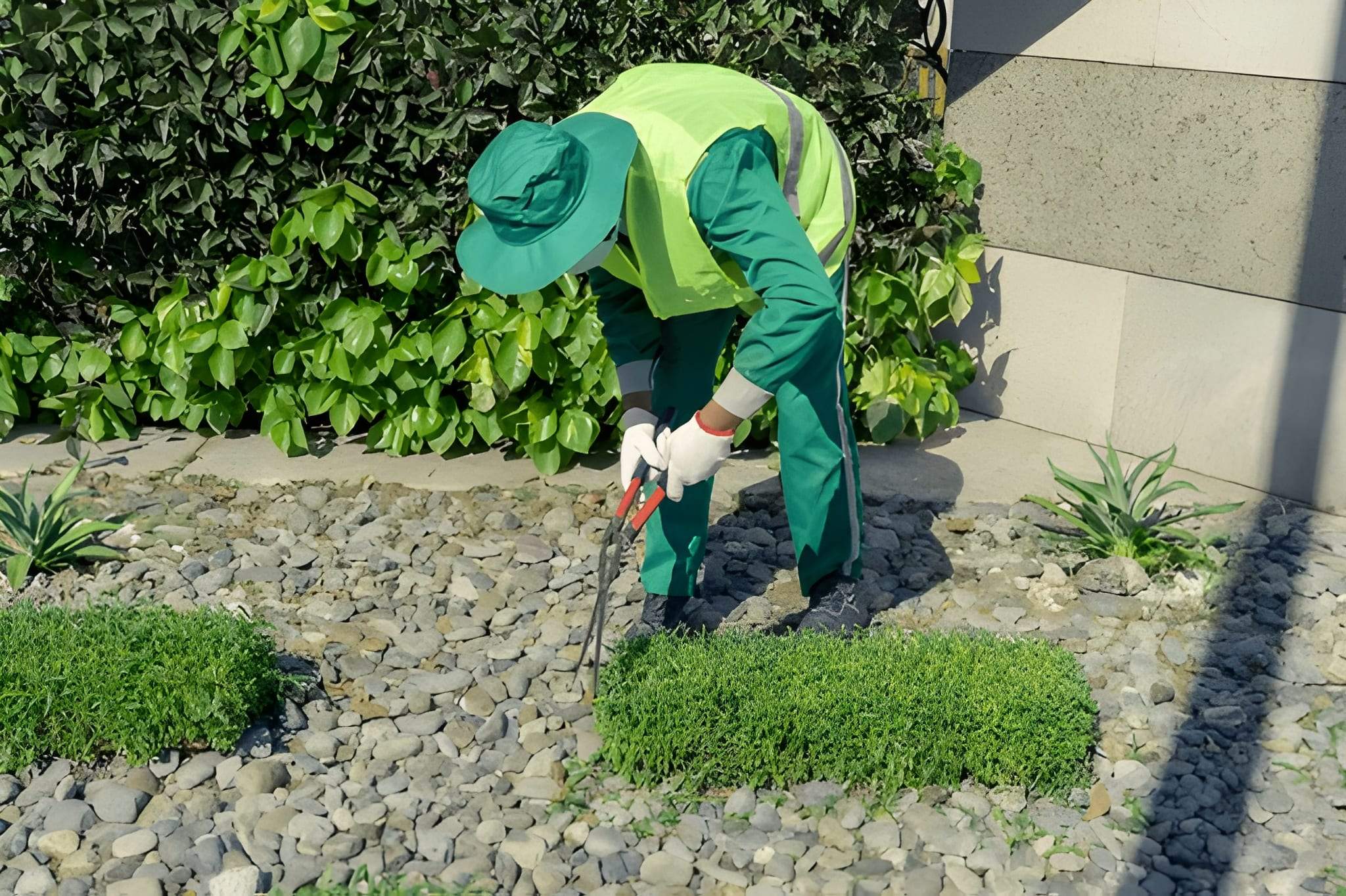 Landscaper trimming plants and clearing rocks during fall cleanup in Las Vegas.