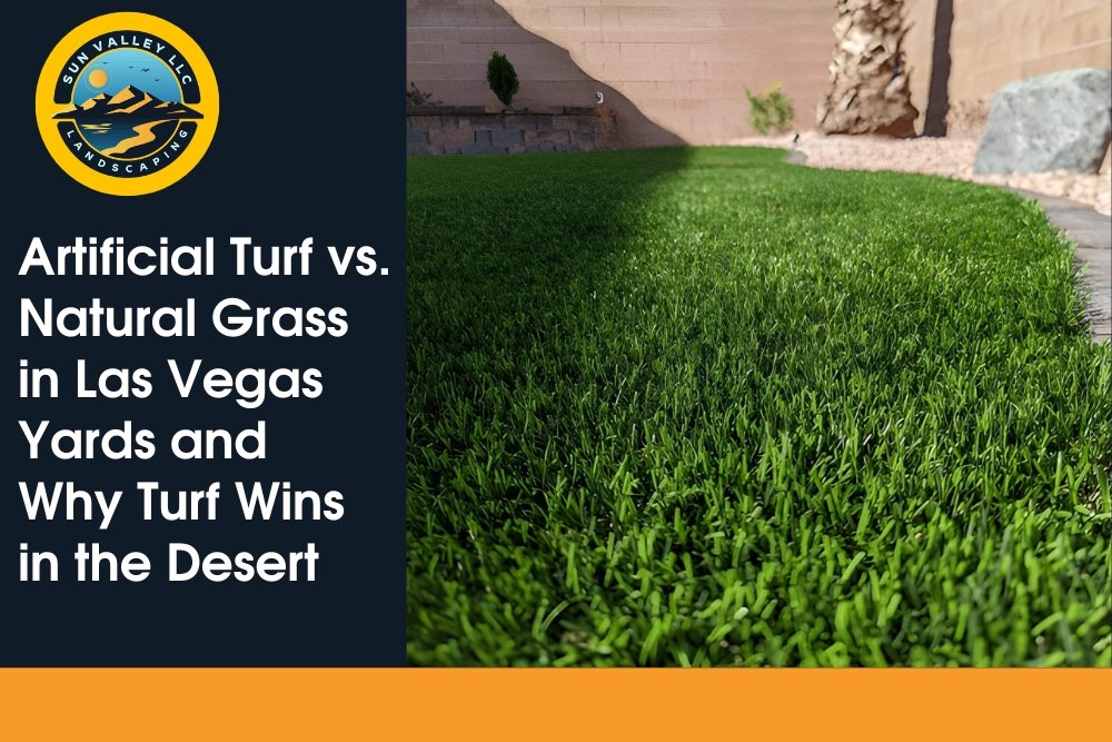 Artificial turf lawn in a Las Vegas backyard showing vibrant green color and clean edges installed by Sun Valley Landscaping.