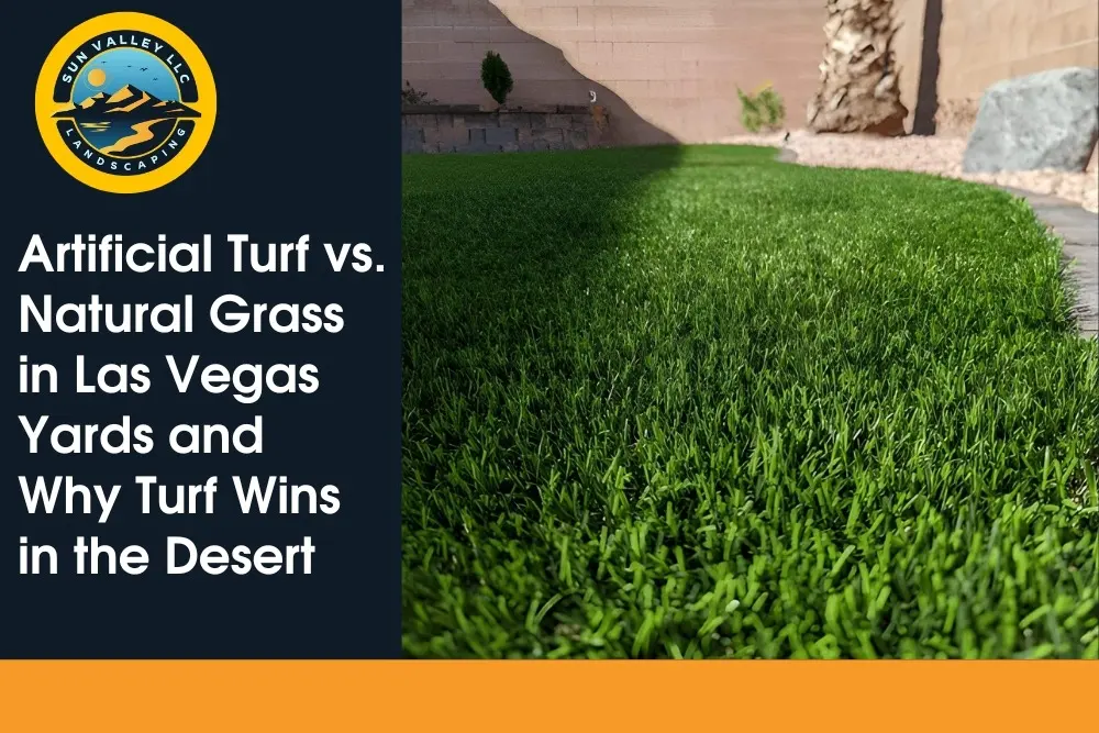 Artificial Turf vs. Natural Grass in Las Vegas Yards and Why Turf Wins in the Desert Artificial turf lawn in a Las Vegas backyard showing vibrant green color and clean edges installed by Sun Valley Landscaping.