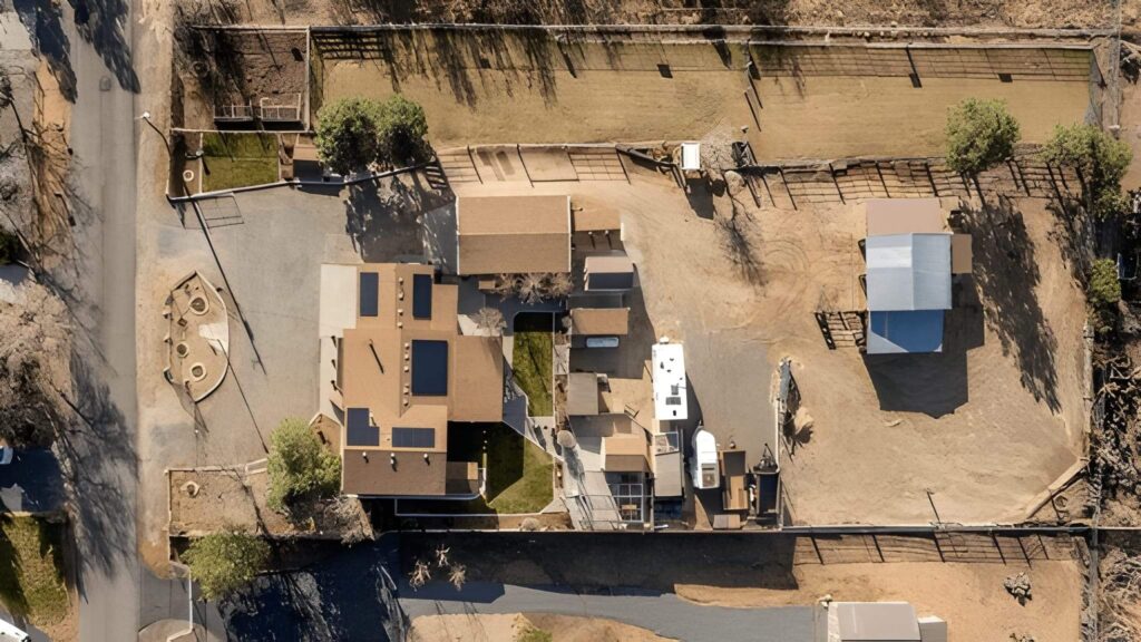 Aerial view of Las Vegas property featuring artificial turf areas and desert landscape design by Sun Valley Landscaping.