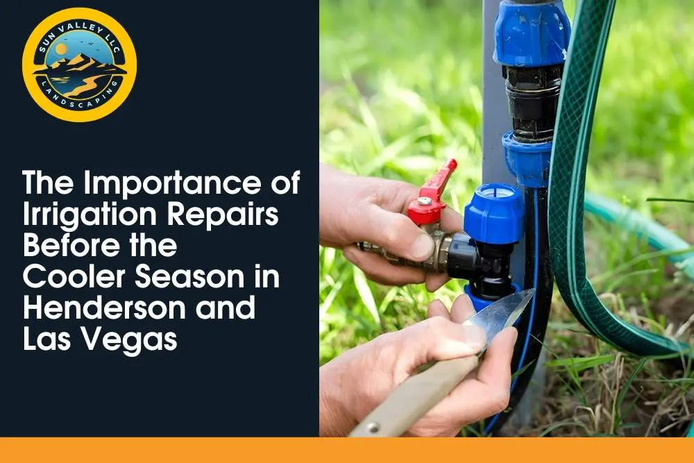 Technician repairing irrigation system before cooler months in Las Vegas for Sun Valley Landscaping.