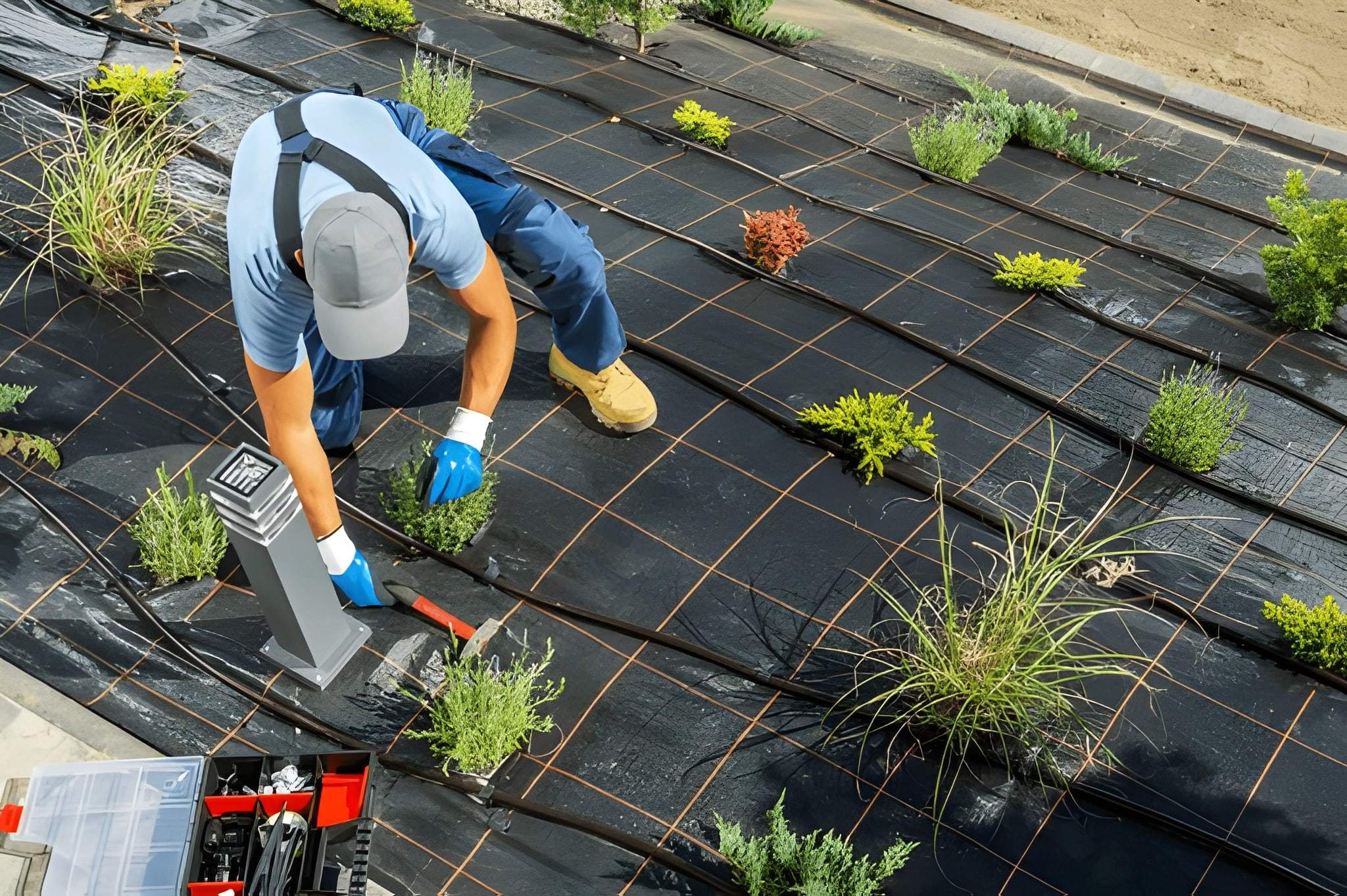 The Importance of Irrigation Repairs Before the Cooler Season in Henderson and Las Vegas1 Worker installing drip irrigation lines and new plants for desert landscaping in Henderson, Nevada.