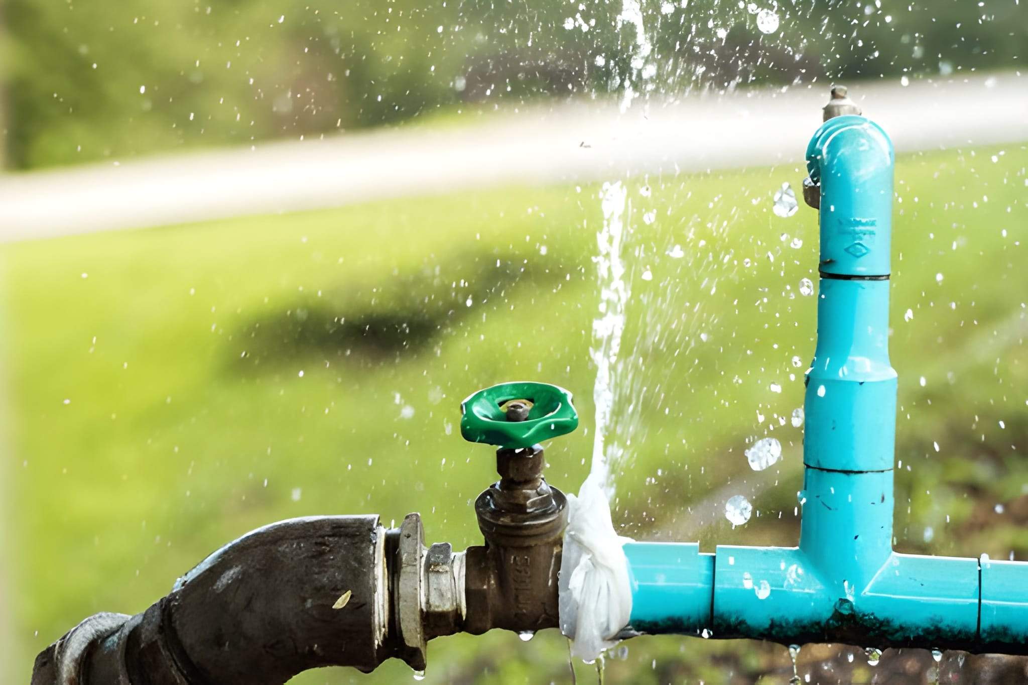 The Importance of Irrigation Repairs Before the Cooler Season in Henderson and Las Vegas2 Broken irrigation pipe spraying water, showing need for pre-season repairs in Las Vegas yards.