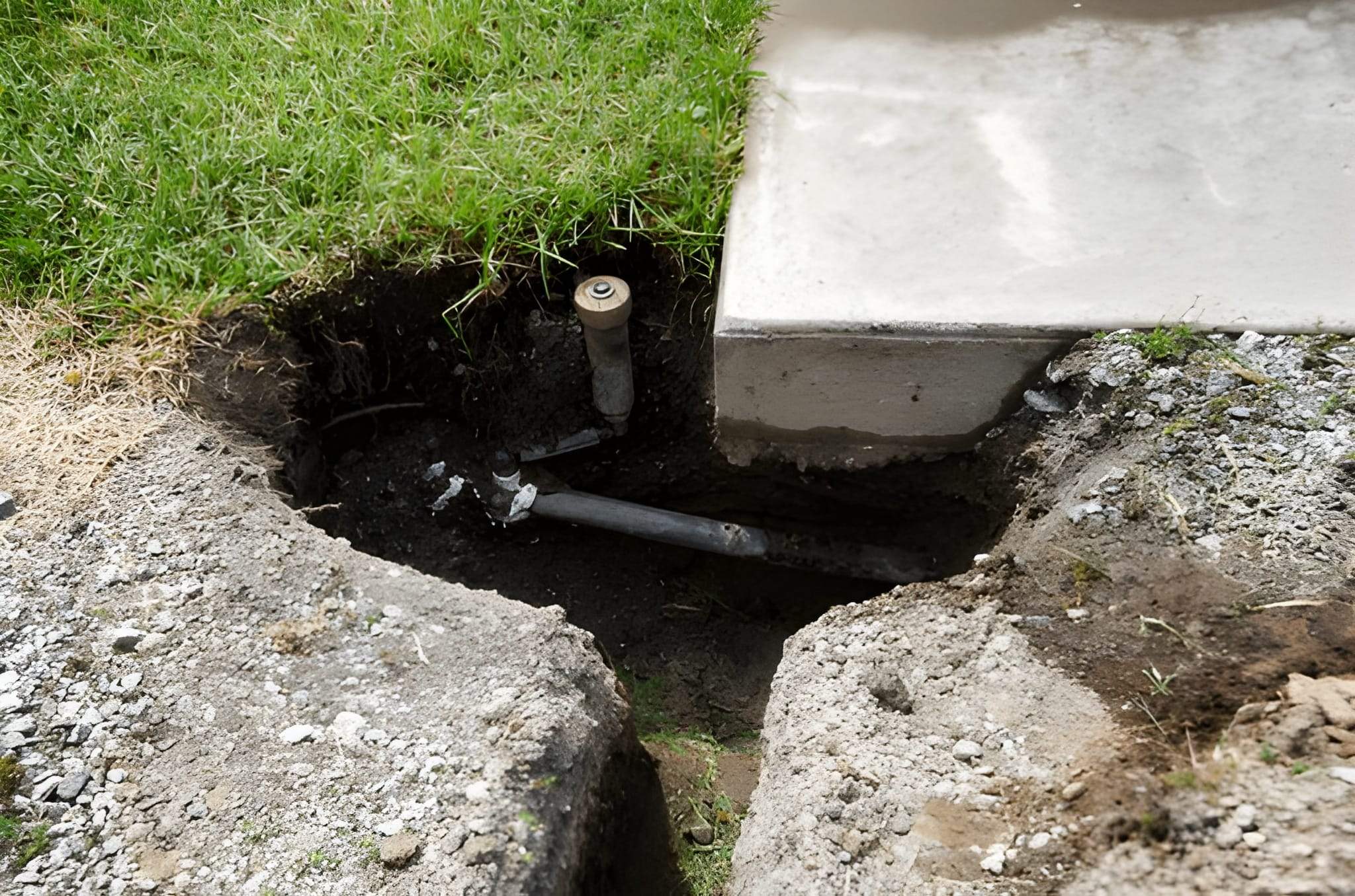 The Importance of Irrigation Repairs Before the Cooler Season in Henderson and Las Vegas3 Exposed underground irrigation line being repaired near patio edge by Sun Valley Landscaping.
