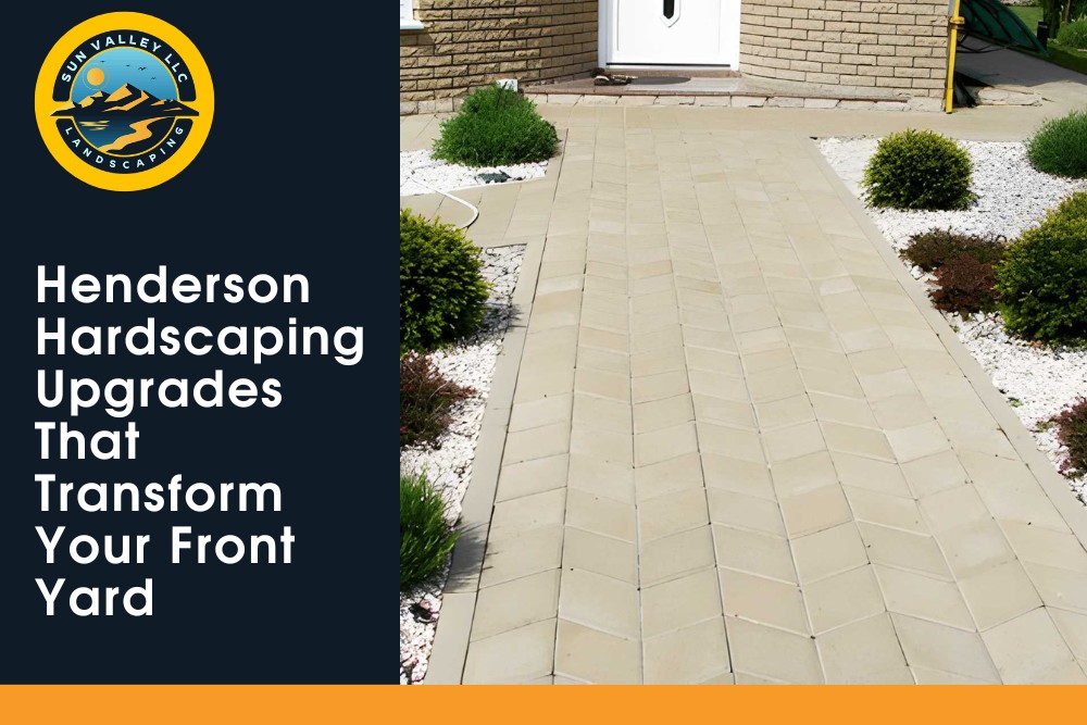 Hardscaping Henderson Curb Appeal Upgrades for Front Yard Design Paver pathway and well-maintained plants in a front yard, created by Sun Valley Landscaping to provide an attractive and functional entrance.
