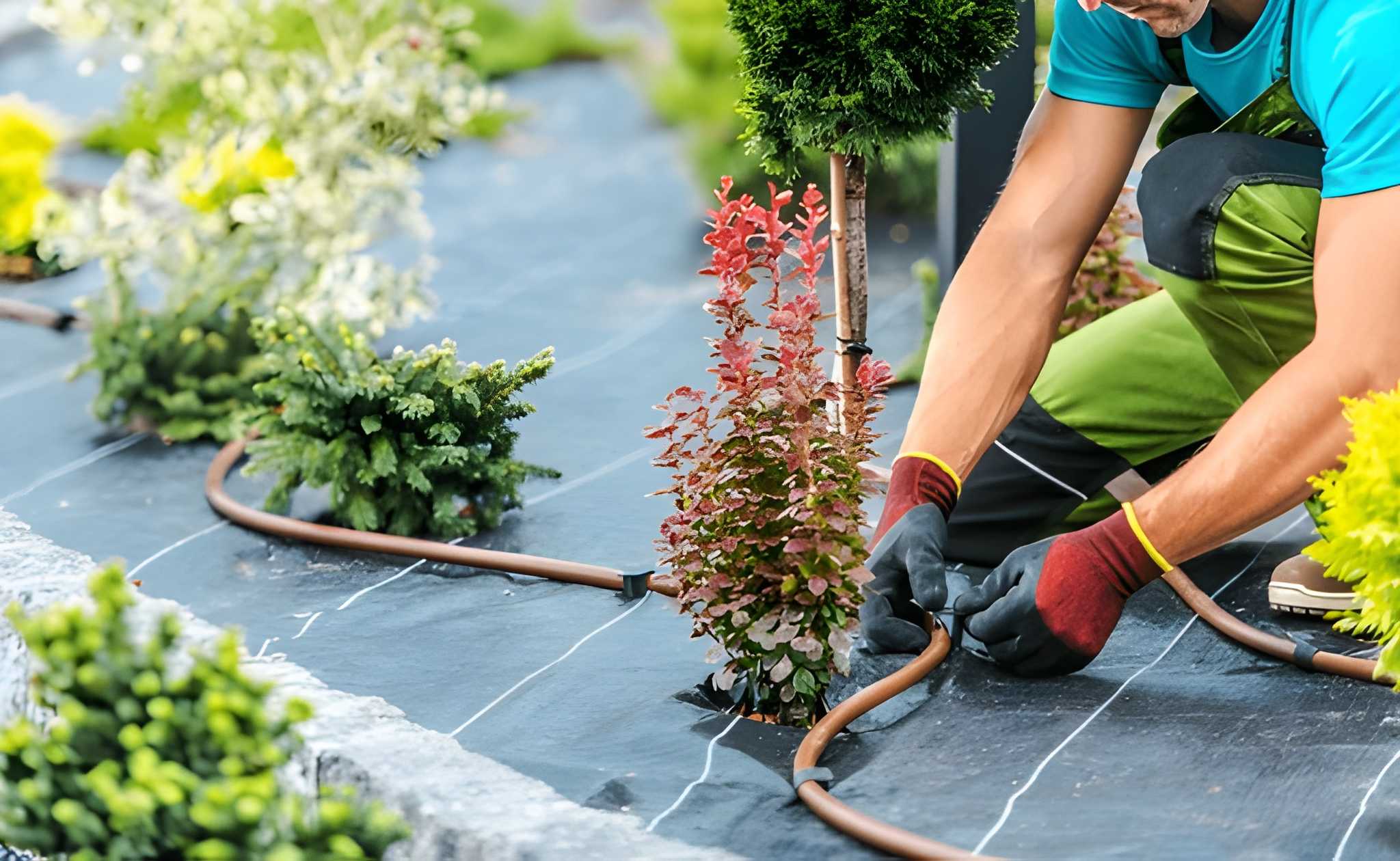 Low Maintenance Landscaping Las Vegas Ideas for the New Year-3 Sun Valley Landscaping team installs irrigation drip lines and plants in a garden bed, optimizing water use for a low maintenance landscape.