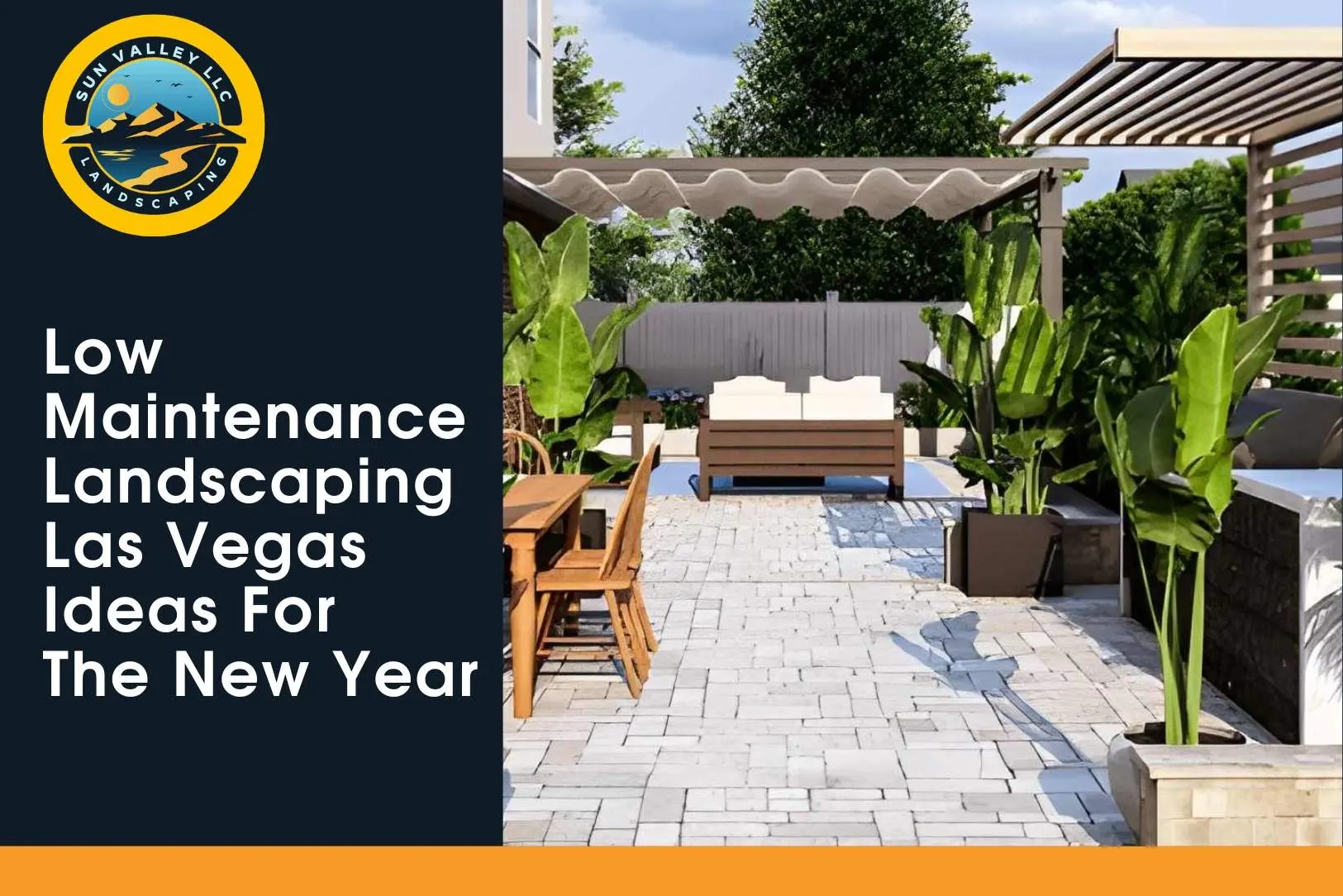 Sun Valley Landscaping showcases a stylish outdoor space featuring low maintenance pavers, furniture, and plants that complement a modern Las Vegas backyard.