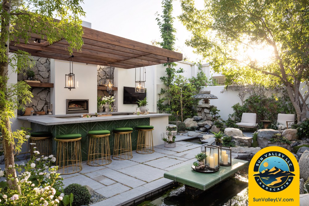 Outdoor kitchen and patio lighting designed by Sun Valley Landscaping to elevate Las Vegas backyard entertaining spaces