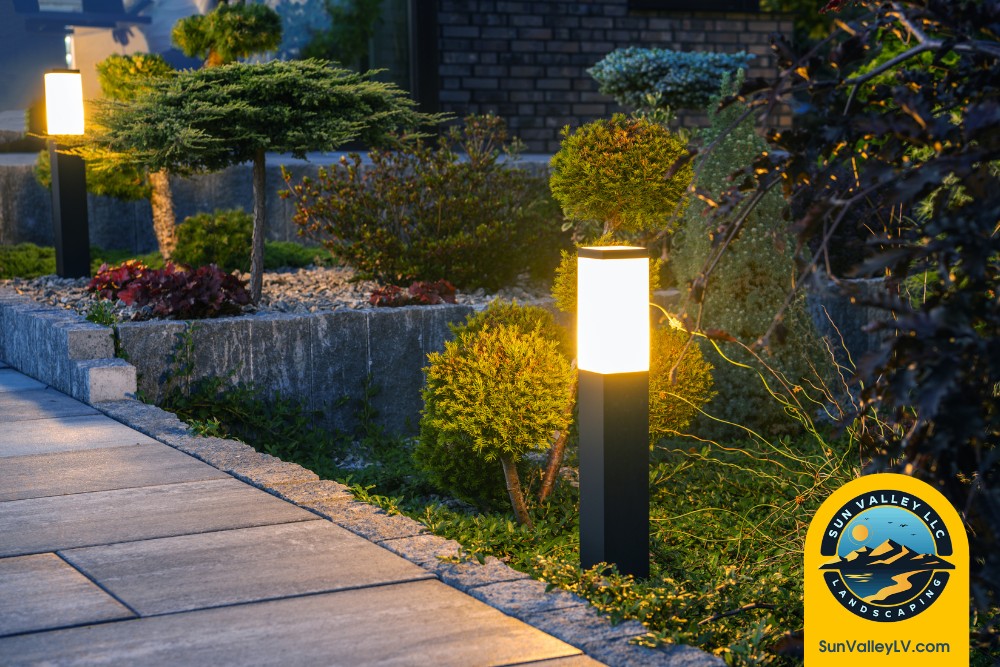 Pathway lighting with shrubs and stone borders installed by Sun Valley Landscaping for safe Las Vegas landscapes at night