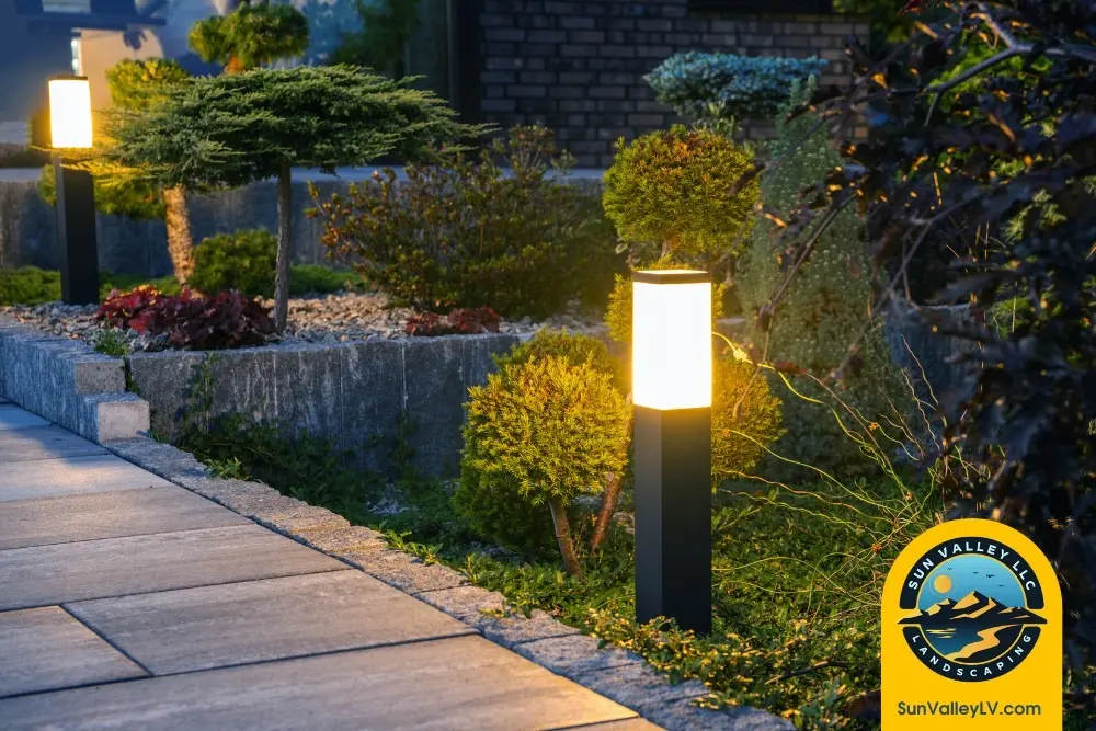 Choosing the Right Outdoor Lighting to Enhance Your Las Vegas Landscape-2 Pathway lighting with shrubs and stone borders installed by Sun Valley Landscaping for safe Las Vegas landscapes at night