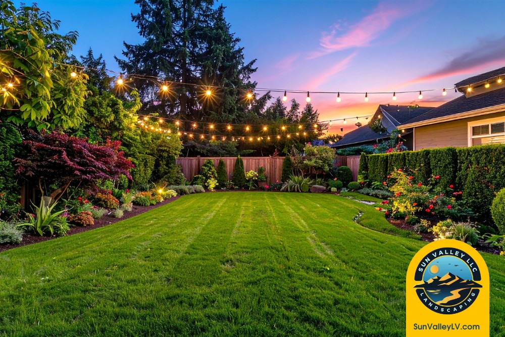 Backyard lawn with string lighting designed by Sun Valley Landscaping to enhance outdoor spaces for Las Vegas homes