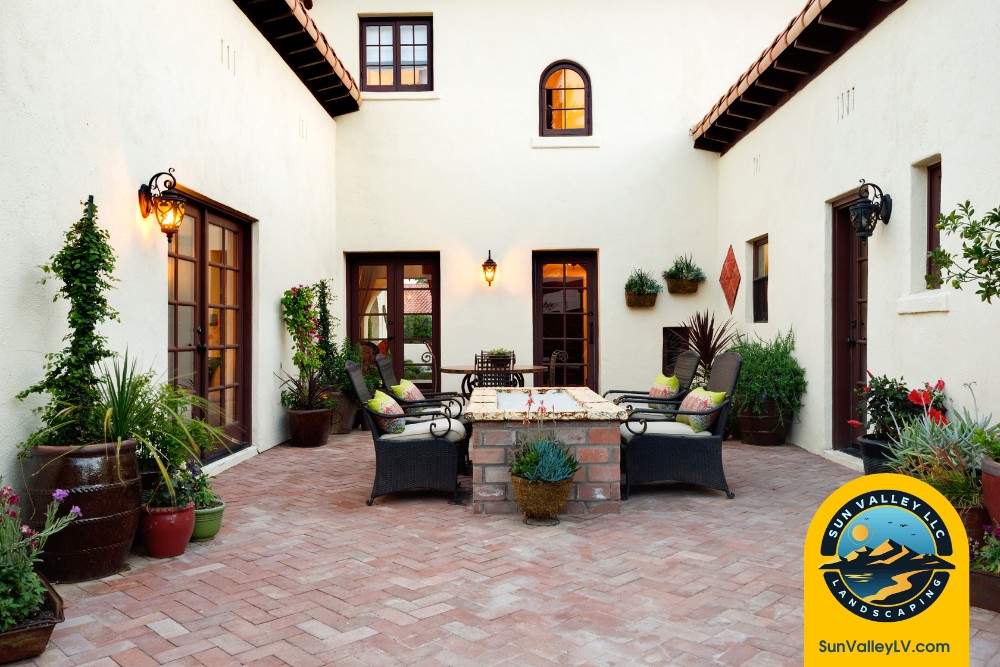 Creating a Low-Water, High-Impact Landscape for Las Vegas and Henderson Homes-4 Courtyard patio with pavers and greenery designed by Sun Valley Landscaping for low water outdoor living in Las Vegas homes